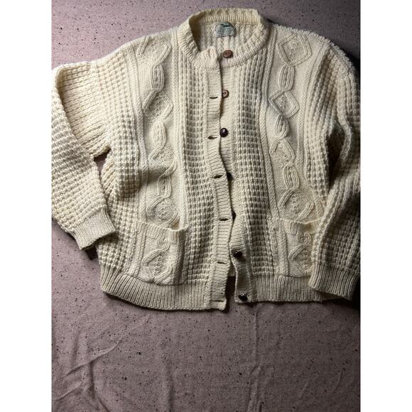 Blarney Woollen Mills Wool Cardigan Sweater XL Ireland Aran Knit FLAWS - Picture 1 of 11